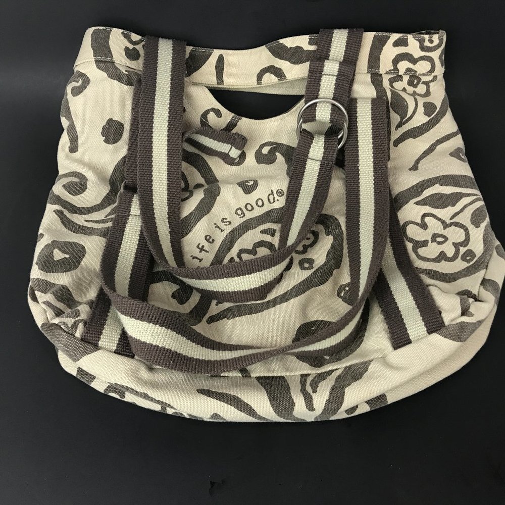 Life is Good Beige and Brown Tote with adjustable handles